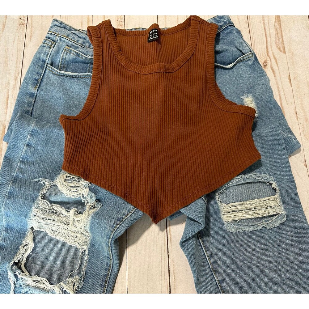 Shein Distressed Jeans & Brown Tiny Tank Top Crop Shirt Outfit Women Sz M Medium